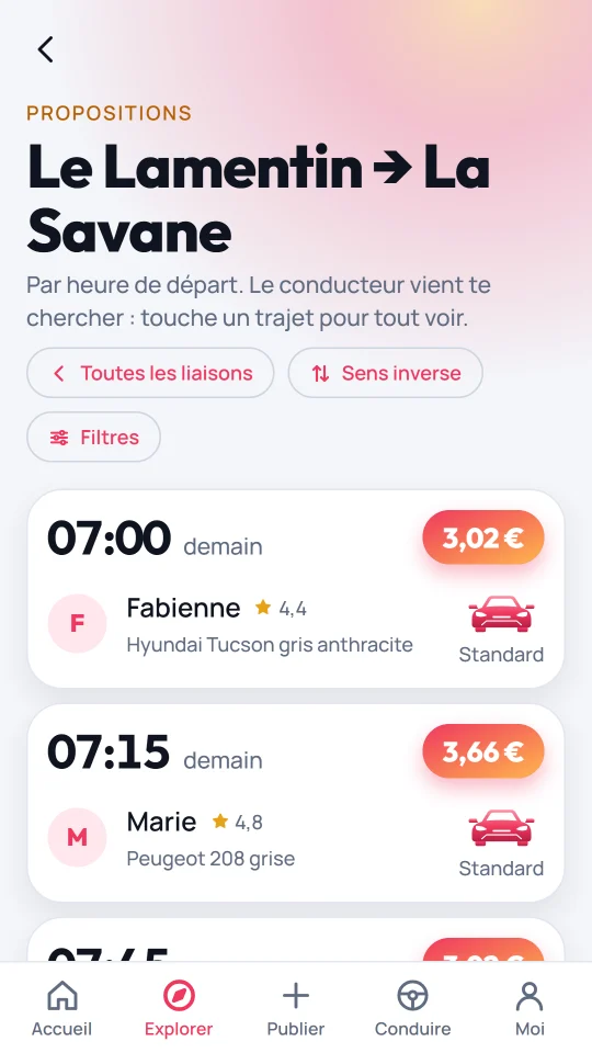 Les propositions de Le Lamentin vers La Savane, triées par heure de départ, avec le prix de chacune.